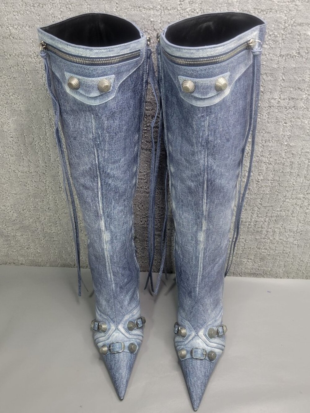 Balenciaga Le Cagole Women's EU Size 41 Blue Denim Leather Stud Boots 771231